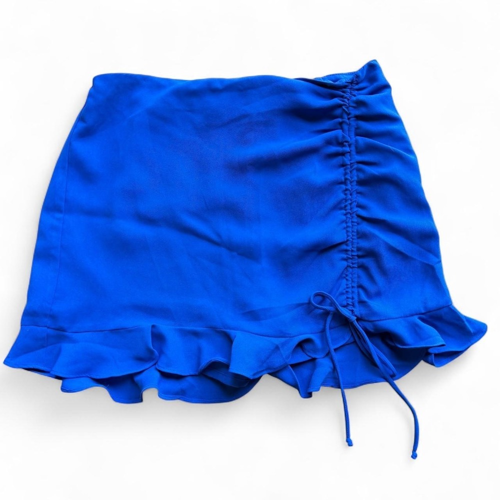 American Threads Blue Mini Skirt Skort Ruffle Hem Ruched Side Tie Medium